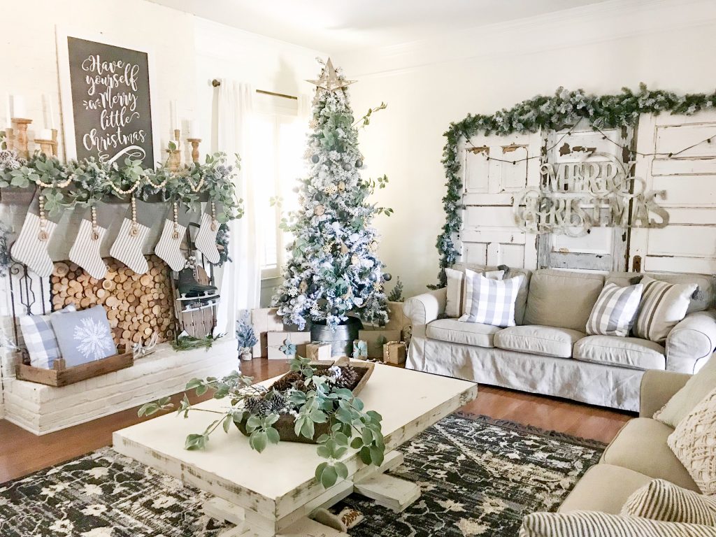 neutral living room decorated for Christmas