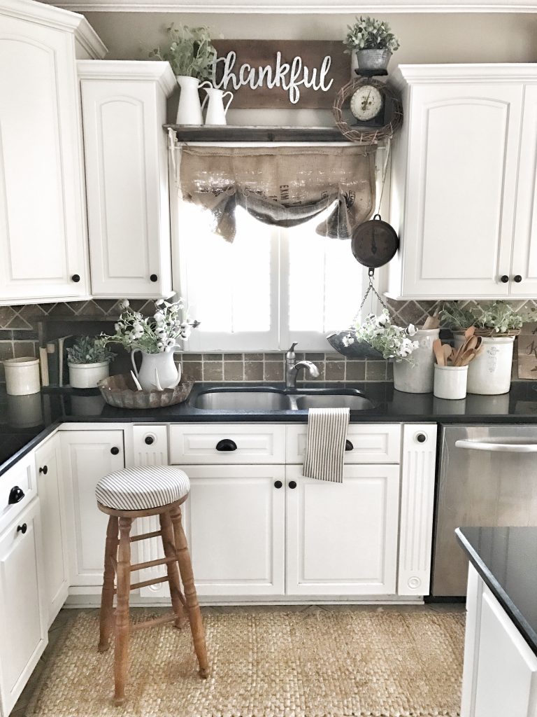 finished burlap curtain hung in kitchen