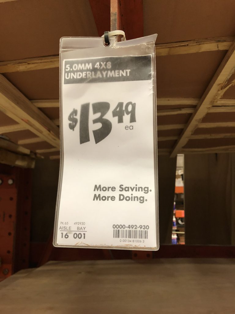 underlayment price tag home depot